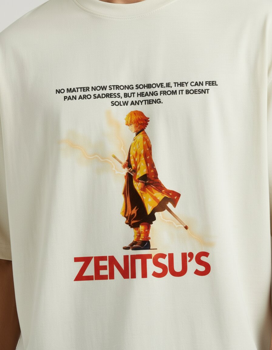 zenitsu agatsuma close up print detail oversized tshirt verb style india zenitsu demon slayer yellow haori lightning illustration close up tshirt off white india