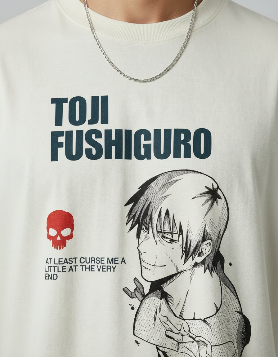 toji fushiguro jjk close up print detail oversized tshirt verb style india toji fushiguro manga illustration skull quote close up print tshirt off white india