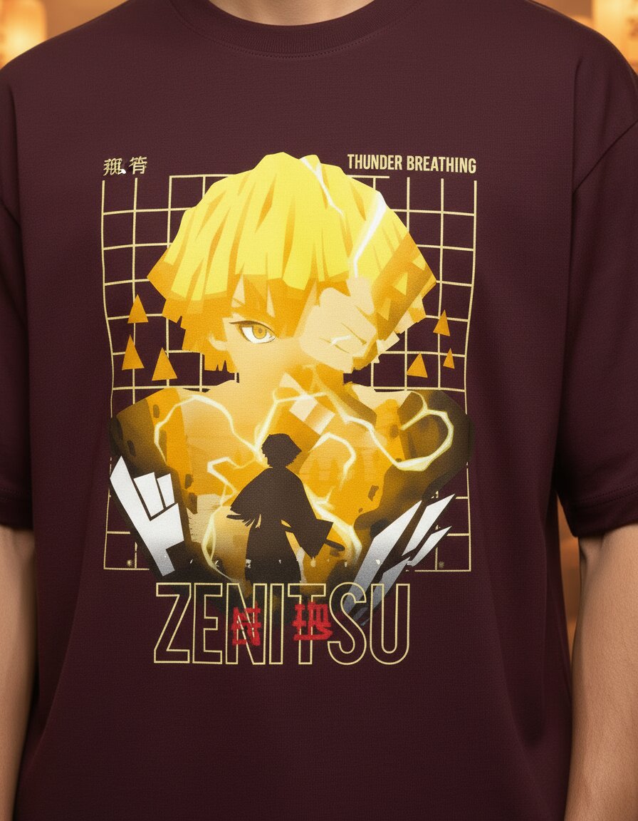 zenitsu thunder breathing close up print detail oversized tshirt verb style india zenitsu agatsuma thunder breathing close up anime graphic print tshirt burgundy india