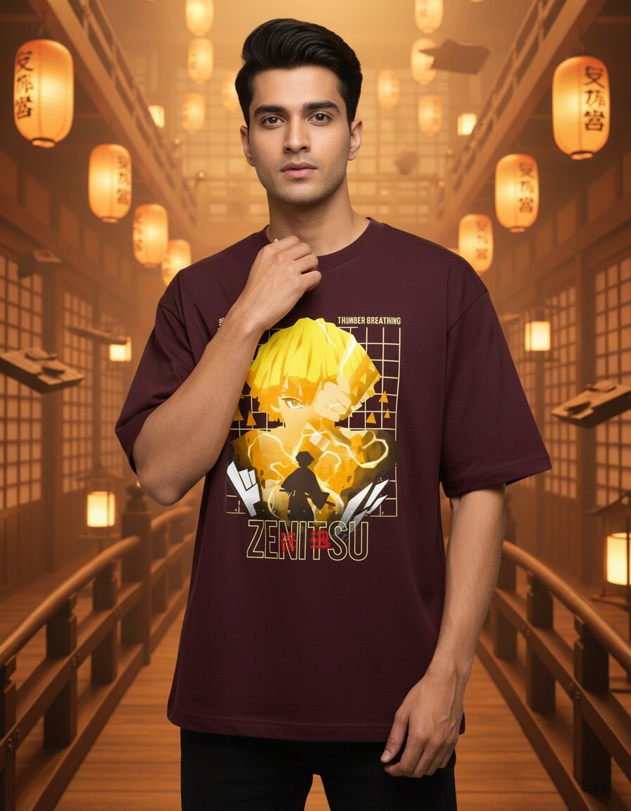 zenitsu thunder breathing graphic oversized tshirt verb style zenitsu thunder breathing demon slayer graphic front print oversized tshirt unisex burgundy india