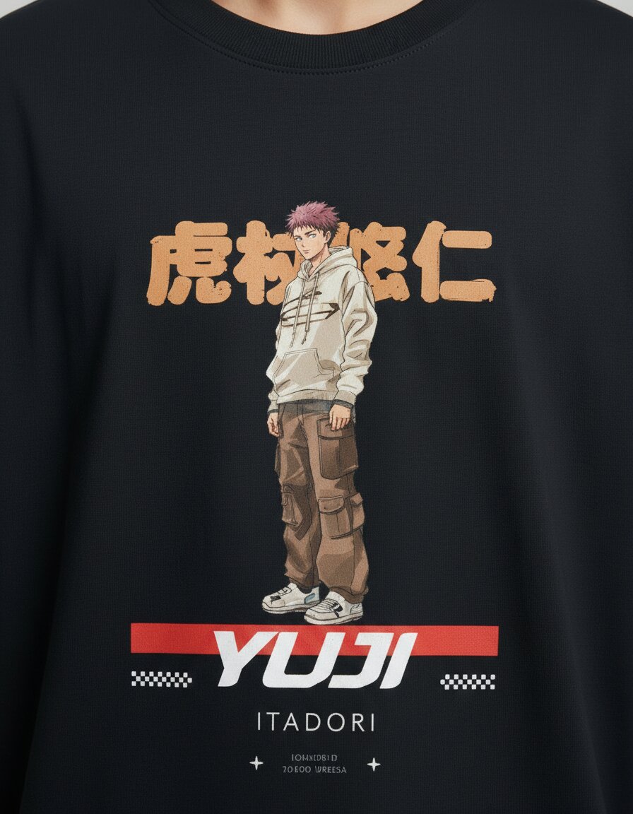 yuji itadori jjk close up print detail oversized tshirt verb style india yuji itadori kanji racing stripe close up print detail oversized tshirt black india