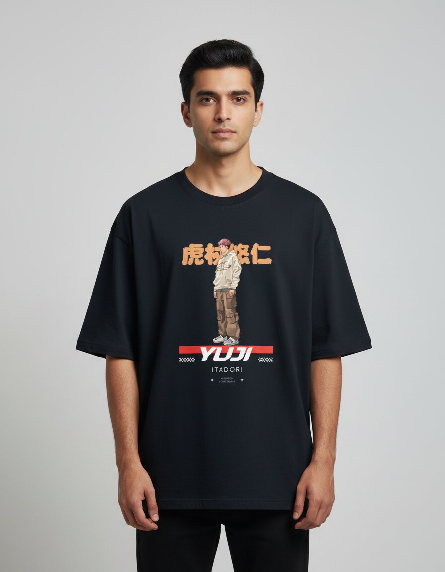 yuji itadori jjk close up print detail oversized tshirt verb style india yuji itadori jujutsu kaisen streetwear front print oversized tshirt unisex black india