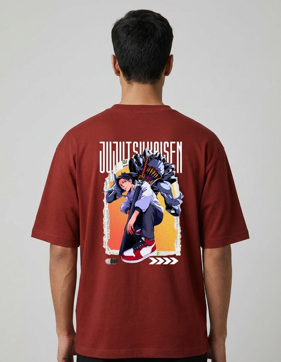 yuta okkotsu rika cursed spirit back graphic oversized tshirt verb style india yuta okkotsu rika jujutsu kaisen back illustration oversized tshirt brick red india