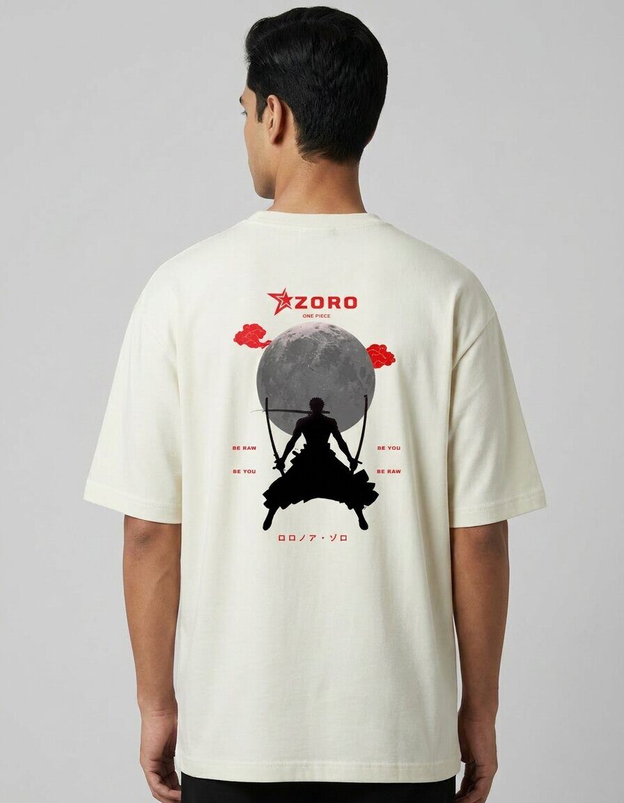 roronoa zoro moonlit silhouette back graphic oversized tshirt verb style india zoro three sword style moonlit silhouette back print oversized tshirt off white india
